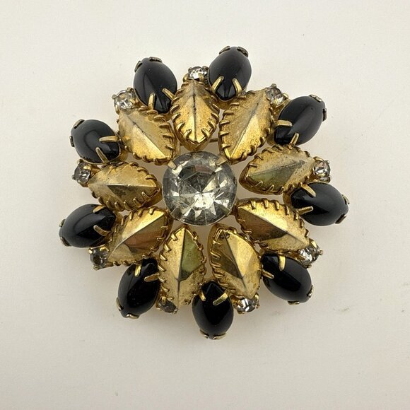 Vintage Rhinestone Brooch Domed Black Gold Clear Navette Flower Deco Prong  2" - Picture 1 of 11